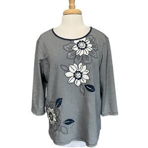 Alfred Dunner Women's Large Navy Blue White Stripe Floral Applique Top Shirt